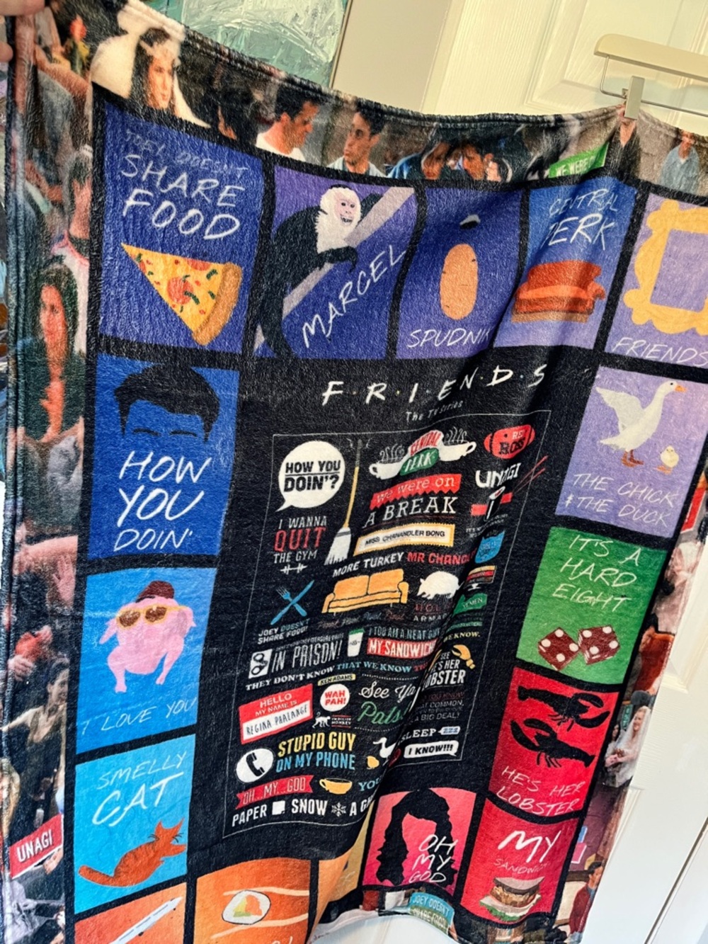 FRIENDS Multicolor Patchwork Throw Blanket - Blue, Black, Purple, Green, Red